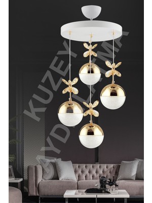 Mediterian 4'lü Beyaz ve Gold Renkli Kumandalı Modern LED Aydınlatma Seti, Metal Malzeme, 60x70cm