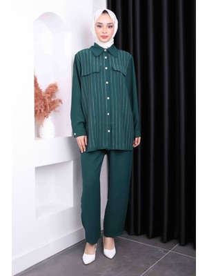 Zümrüt Yeşili Sahte Cepli Ön Taşlı Tunik Pantolon Takım