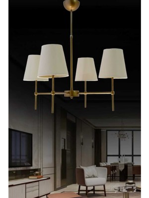 Mediterian 4'lü Modern Eskitme Boyalı Avize, Koniği Krem Abajur, Metal, 60x60 cm