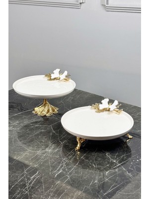 May Home White Butterfly 2'li Gold Ayaklı Porselen Tabak Seti
