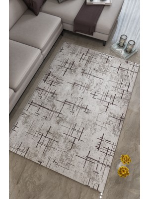 My Deco Carpet Kahverengi Çizgi Desenli Dijital Baskılı Kaymaz Taban Makine Halısı