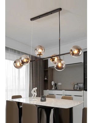 Mediterian Modern siyah kasa, gold detaylı füme globe cam avize, 6'lı set, metal materyal