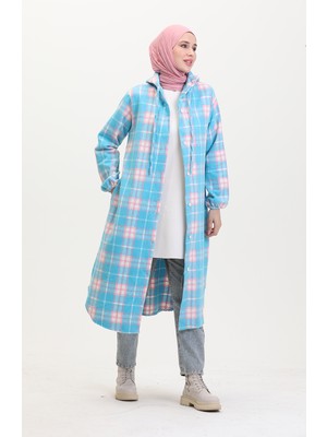 Sefa Merve Kapüşonlu Ekose Desen Oduncu Kap 0536-03 Turkuaz