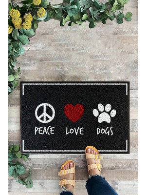 Karmat Peace, Love, Dogs, Siyah Kapı Önü Paspası, Dijital Baskı Paspas