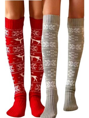 Uniquetrenders Kadın 2 Renkli Yeni Yıl Temalı Kar Tanesi Desenli Diz Üstü Çorap