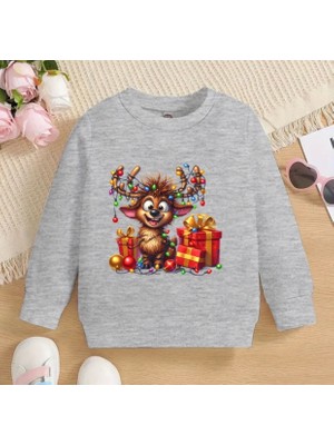 Kids Face Özel Tasarım Bisiklet Yaka Minik Ren Geyiği Baskılı Şardonlu Kışlık Erkek Çocuk Yılbaşı Sweatshırt