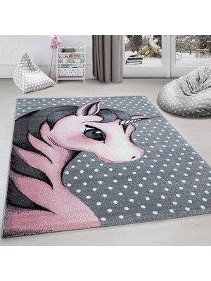 Soft Yumuşak Çocuk Odası Halısı Sevimli Unicorn Peri Atı Desenli Gri Beyaz Pembe