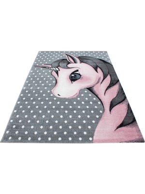 Soft Yumuşak Çocuk Odası Halısı Sevimli Unicorn Peri Atı Desenli Gri Beyaz Pembe