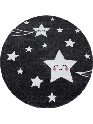 Yuvarlak Soft Yumuşak Çocuk Odası Halısı Kuyruklu Yıldız Desenli Gri Beyaz Pembe