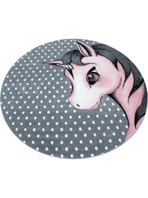 Yuvarlak Soft Yumuşak Çocuk Odası Halısı Sevimli Unicorn Peri Atı Desenli Gri Beyaz Pembe