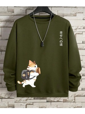 Kids Face Özel Tasarım Bisiklet Yaka Japon Motto Minik Kedi Baskılı Şardonlu Kışlık Erkek Çocuk Sweatshırt