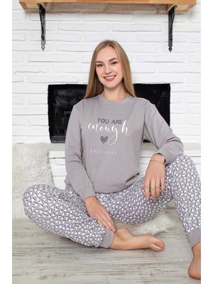 Kadın Bisiklet Yaka Bilek Manşet/lastikli 2 Iplik Cepli Kışlık Jogger Eşofman Pijama Takımı Homewear