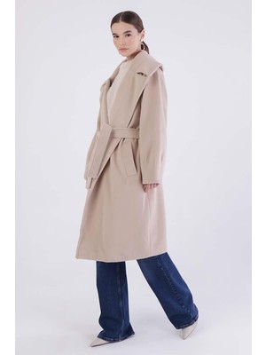 ALLDAY Bej-Oversize Kuşaklı Kaşe Kaban