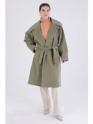 ALLDAY Yeşil-Oversize Kuşaklı Kaşe Kaban