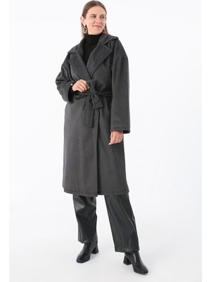 ALLDAY Siyah-Kruvaze Yaka Kuşaklı Kaşe Kaban