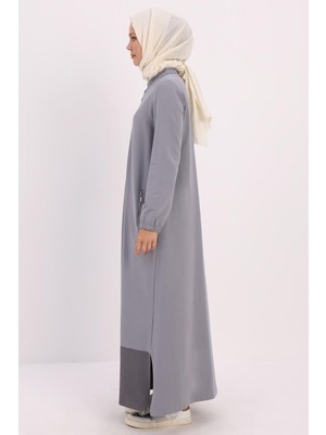 Gri-Fermuarlı Etek Ucu Garnili Ferace