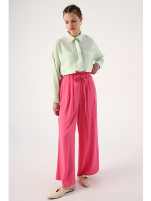 Koyu Pembe-Beli Lastikli Pileli Bol Paça Viscon Pantolon