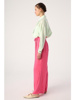 Koyu Pembe-Beli Lastikli Pileli Bol Paça Viscon Pantolon