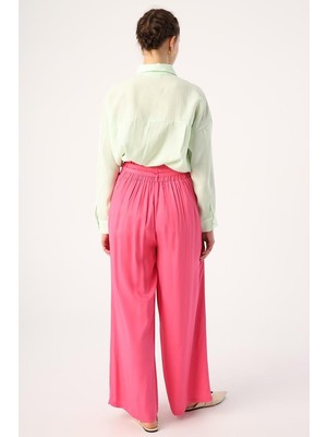 Koyu Pembe-Beli Lastikli Pileli Bol Paça Viscon Pantolon
