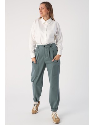 ALLDAY Pastel Yeşili-Pamuklu Apolet Detaylı Çıtçıtlı Kargo Pantolon
