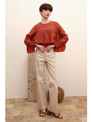 ALLDAY Taş-Pamuklu Ütü Izli Paçası Yırtmaçlı Likralı Bol Paça Pantolon