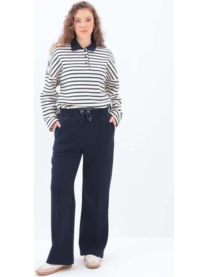 Lacivert-Nervürlü Geniş Paça Eşofman Altı