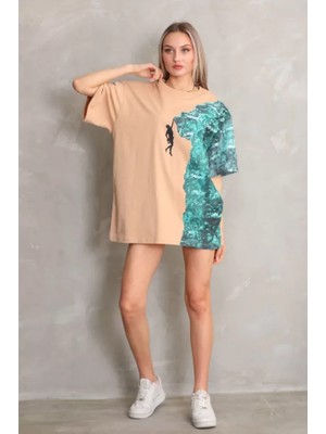 Ela Mod Unisex Bisiklet Yaka Baskılı Oversize T-Shirt - Bej