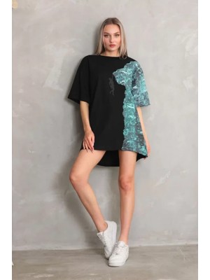 Ela Mod Unisex Bisiklet Yaka Baskılı Oversize T-Shirt - Siyah