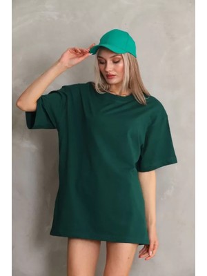 Ela Mod Unisex Bisiklet Yaka 20/1 Düz Oversize T-Shirt - Yeşil