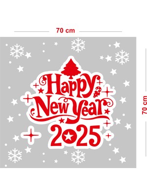 Mıgnatıs Happy New Year 2025 Yazısı Kar Taneleri ve Yılbaşı Vitrin Stickerları 70X70CM