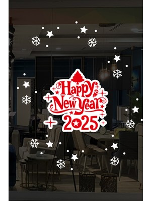 Mıgnatıs Happy New Year 2025 Yazısı Kar Taneleri ve Yılbaşı Vitrin Stickerları 70X70CM