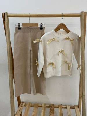 Kız Krem Fiyonk Desenli Triko Takım