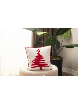 Pratic Home Yılbaşı Punch Nakışlı Keten Pamuklu Kumaş 1 Adet Ekru Kırlent Kılıfı