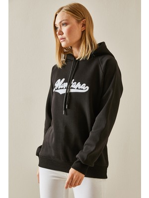 Fashion Siyah Yazı Detaylı Şardonlu Kapüşonlü Sweatshirt