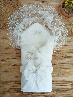 Mediterian Yumuşak dantelli bebek battaniyesi, ekru, unisex, pamuklu, antibakteriyel, konforlu tasarım