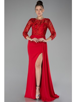 Abiyefon Işlemeli Kapri Kol Uzun Şifon Abiye Elbise ABU4293