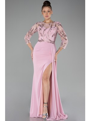 Abiyefon Işlemeli Kapri Kol Uzun Şifon Abiye Elbise ABU4293