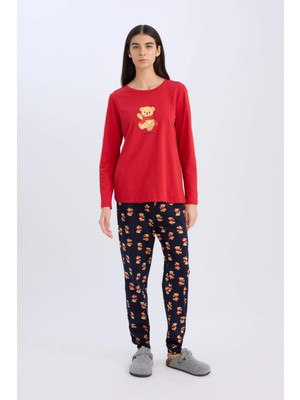 DeFacto Fall in Love Pijama Takımı Uzun Kollu Ayıcık Baskılı Üst Esnek Belli Desenli Pijama Alt E0227AX24WN