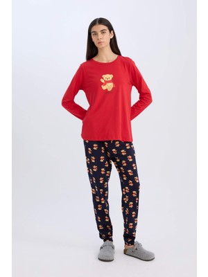 DeFacto Fall in Love Pijama Takımı Uzun Kollu Ayıcık Baskılı Üst Esnek Belli Desenli Pijama Alt E0227AX24WN