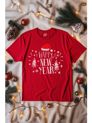 Unisex Tişört Happy New Year 2025 Yeni Yıl Hediye Noel Yılbaşı Baskılı T-Shirt