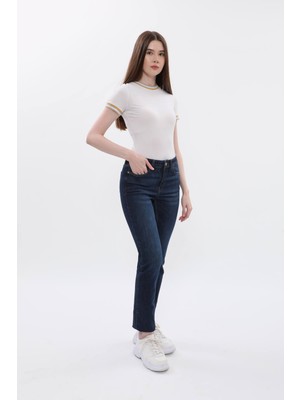 Blue White Kadın Yüksek Bel Likralı Slim Fit Dar Paça Koyu Mavi Jean Pantolon