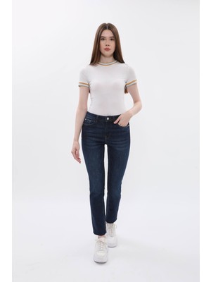 Blue White Kadın Yüksek Bel Likralı Slim Fit Dar Paça Koyu Mavi Jean Pantolon