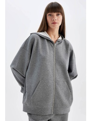 DeFacto Oversize Geniş Kalıp Kapüşonlu Basic Düz Skuba Dalgıç Kumaş Cepli Fermuarlı Sweatshirt C6871AX24AU