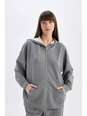 DeFacto Oversize Geniş Kalıp Kapüşonlu Basic Düz Skuba Dalgıç Kumaş Cepli Fermuarlı Sweatshirt C6871AX24AU