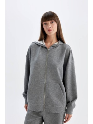 DeFacto Oversize Geniş Kalıp Kapüşonlu Basic Düz Skuba Dalgıç Kumaş Cepli Fermuarlı Sweatshirt C6871AX24AU