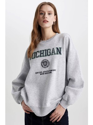 DeFacto Oversize Geniş Kalıp Bisiklet Yaka Baskılı Kalın Kumaş Sweatshirt C4071AX23CW