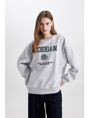 DeFacto Oversize Geniş Kalıp Bisiklet Yaka Baskılı Kalın Kumaş Sweatshirt C4071AX23CW