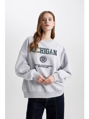 DeFacto Oversize Geniş Kalıp Bisiklet Yaka Baskılı Kalın Kumaş Sweatshirt C4071AX23CW