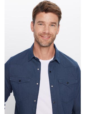 Tudors Erkek Slim Fit Dar Kesim Çift Cepli Denim Kot Lacivert Gömlek