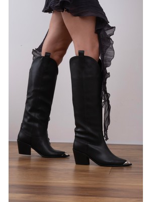 Sovrana Siyah Metal Detaylı Kovboy Çizme Şık Tasarım